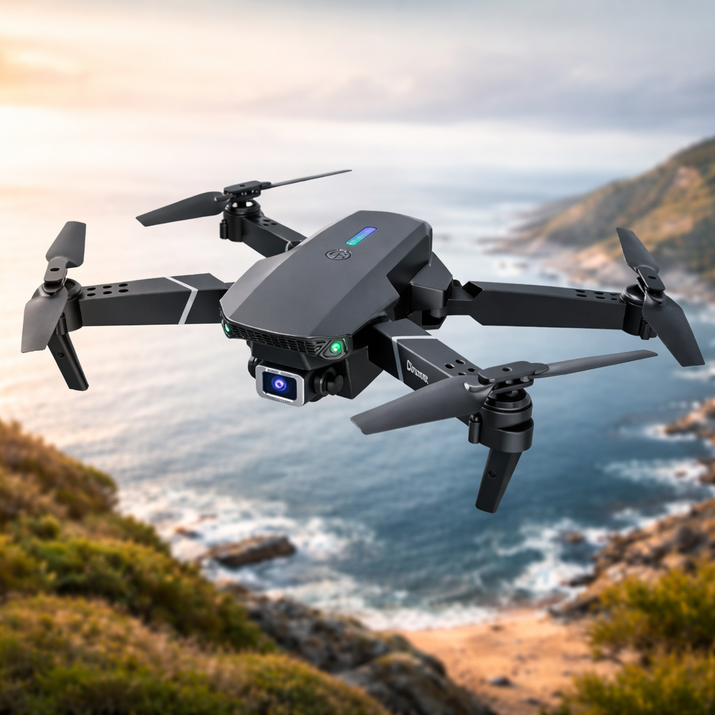 Black drone flying over a scenic landscape with water and mountains.