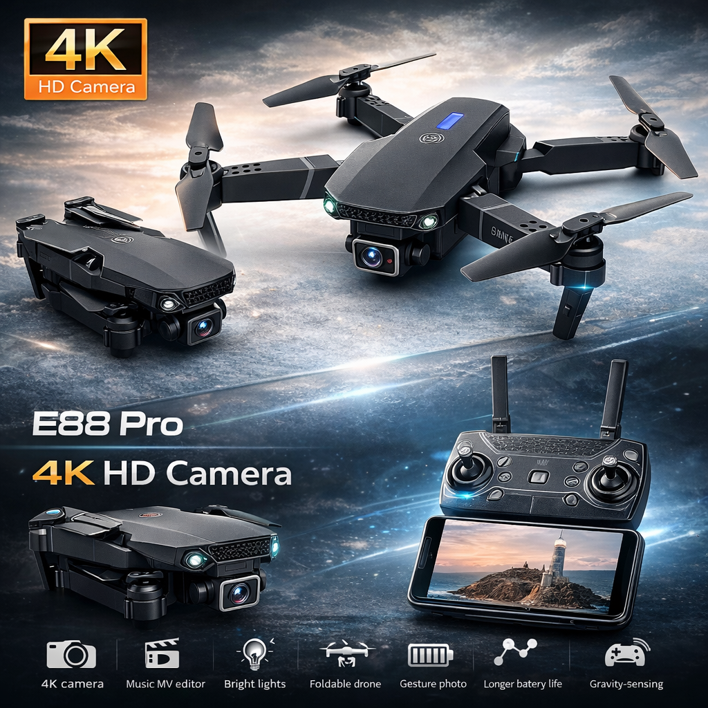 E88 Pro drone with 4K HD camera and remote control on a space-themed background