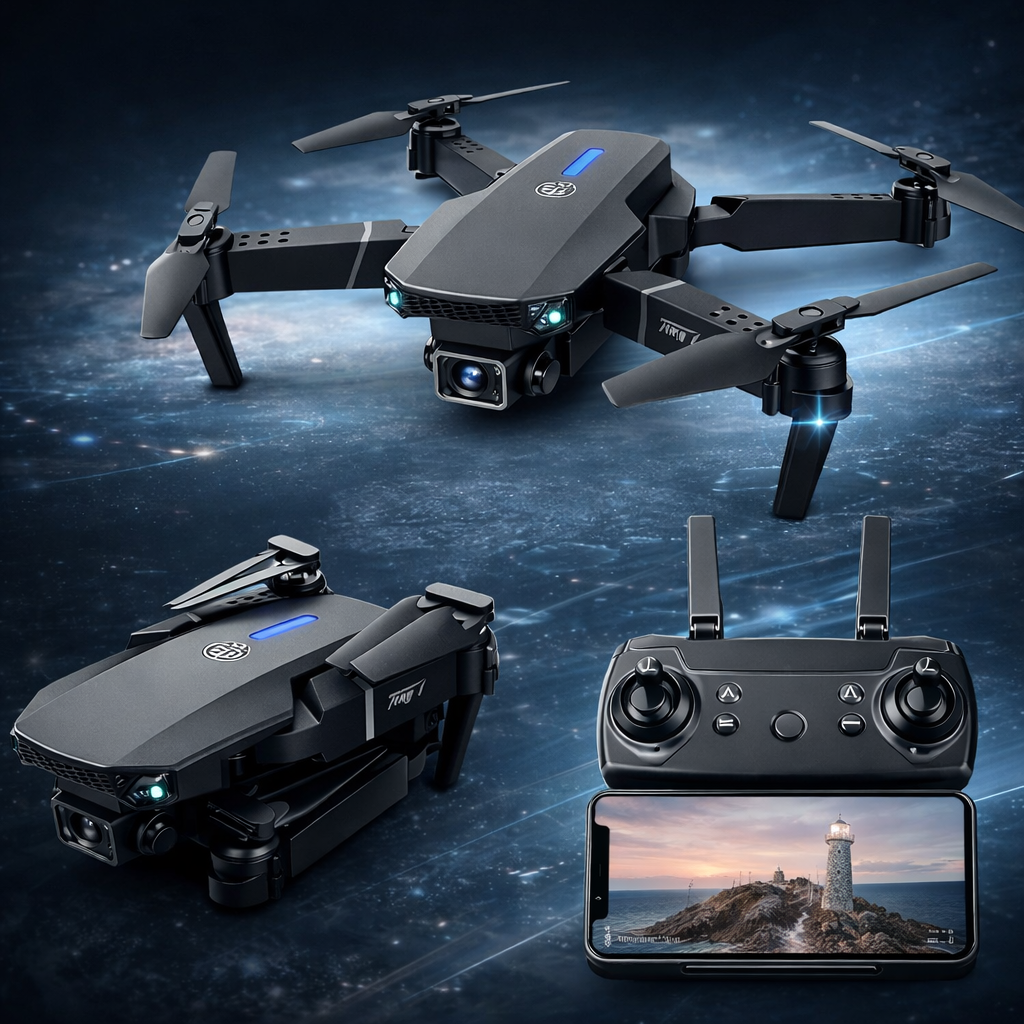 Black drone with remote control and smartphone displaying a lighthouse image on a dark space-themed background