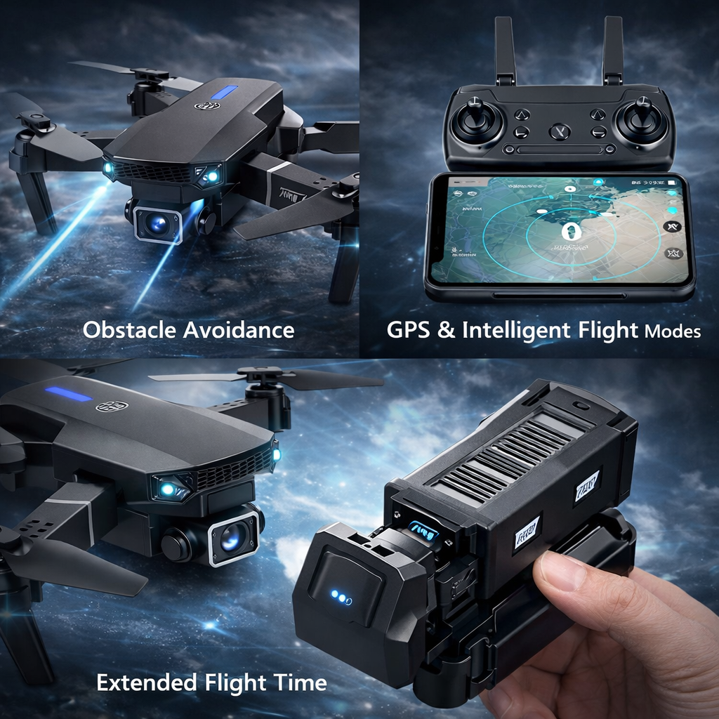 Black drone with remote control and screen displaying flight modes on a dark background