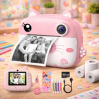 Pink cartoon-style photo printer on a table with accessories