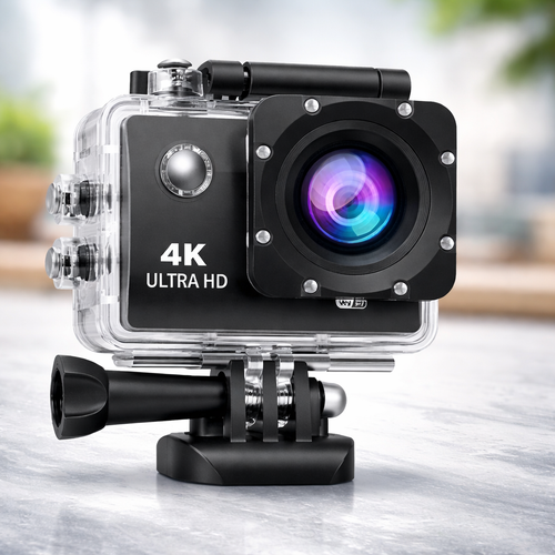 4K Ultra HD action camera on a reflective surface with a blurred background