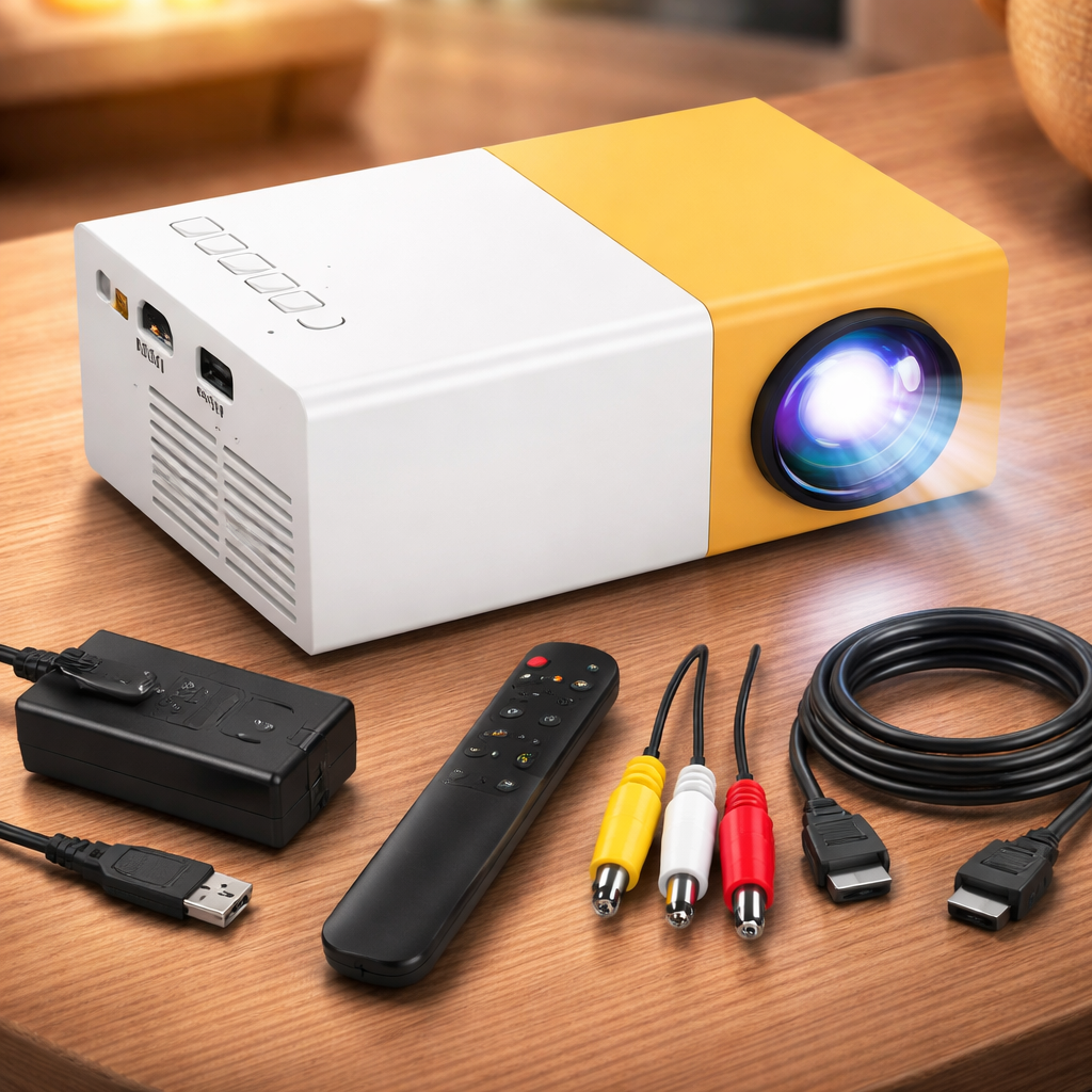 Yellow and white projector with cables on a wooden surface