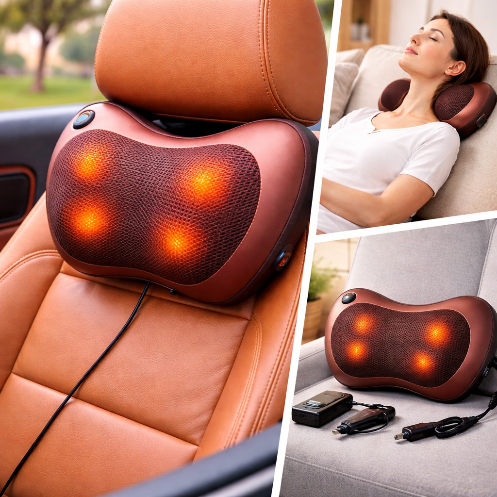 Massage pillow in use on a car seat and a person using it at home.