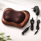 Brown massage pillow with power adapter and cables on a white background