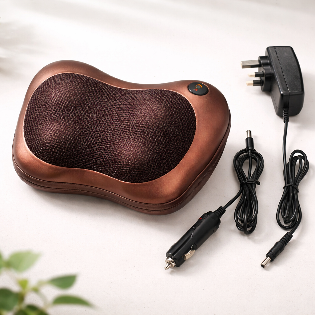 Brown massage pillow with power adapter and cables on a white background