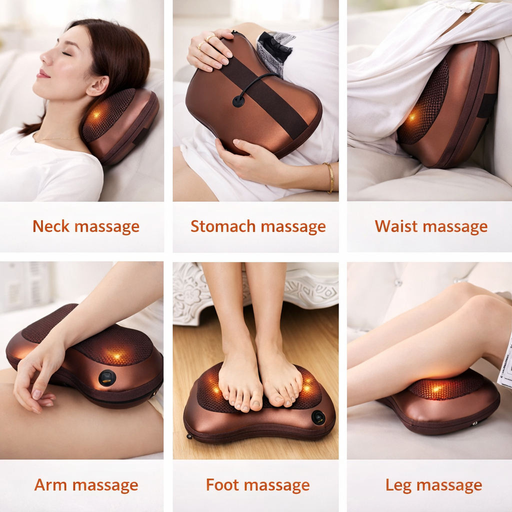 Collage of a massage pillow being used for neck, stomach, waist, arm, foot, and leg massages.