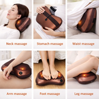 Collage of a massage pillow being used for neck, stomach, waist, arm, foot, and leg massages.