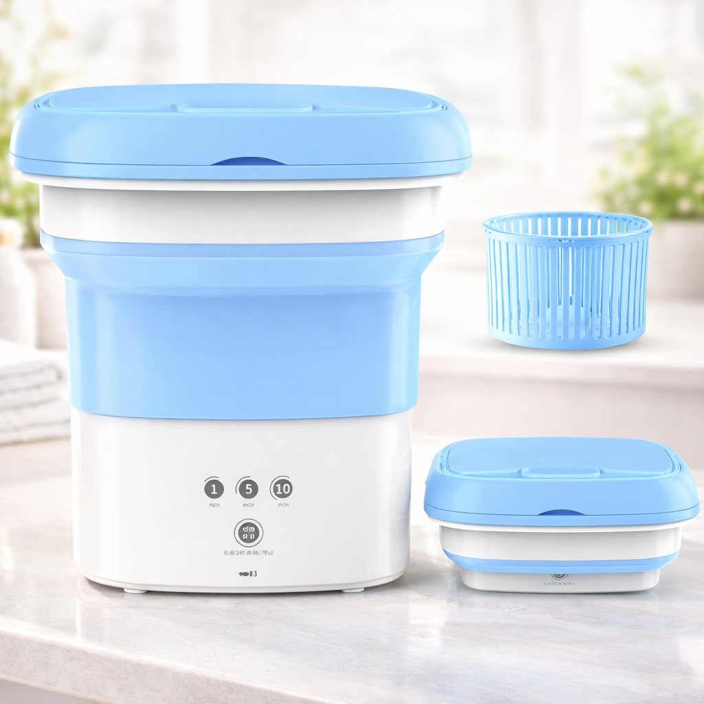 Collapsible water container with blue lids on a light background