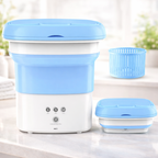 Collapsible water container with blue lids on a light background