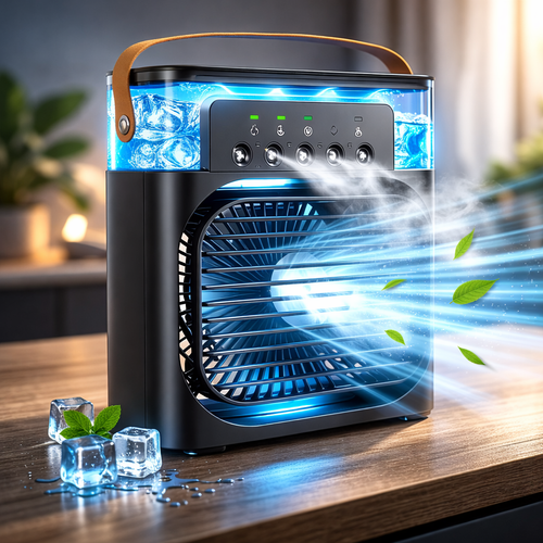 Portable air cooler emitting cool air on a wooden surface with ice cubes and leaves.