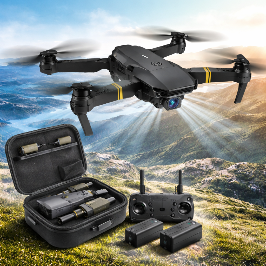 Black drone with accessories on a scenic background
