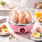 Pink egg cooker with eggs on a kitchen counter