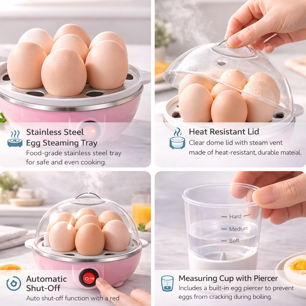 Collage of a pink egg steamer with features highlighted, including eggs inside, heat-resistant lid, automatic shut-off, and measuring cup.