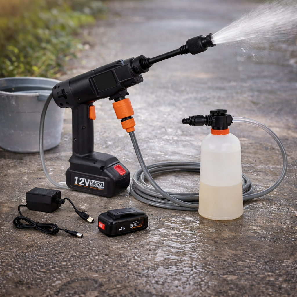 Portable pressure washer with accessories on a concrete surface