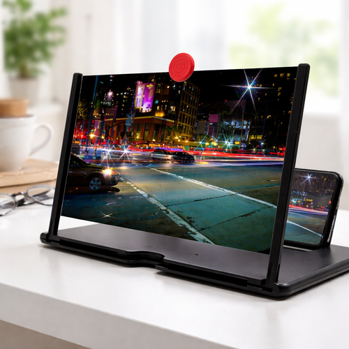 Phone screen magnifier displaying a city street scene on a white surface.