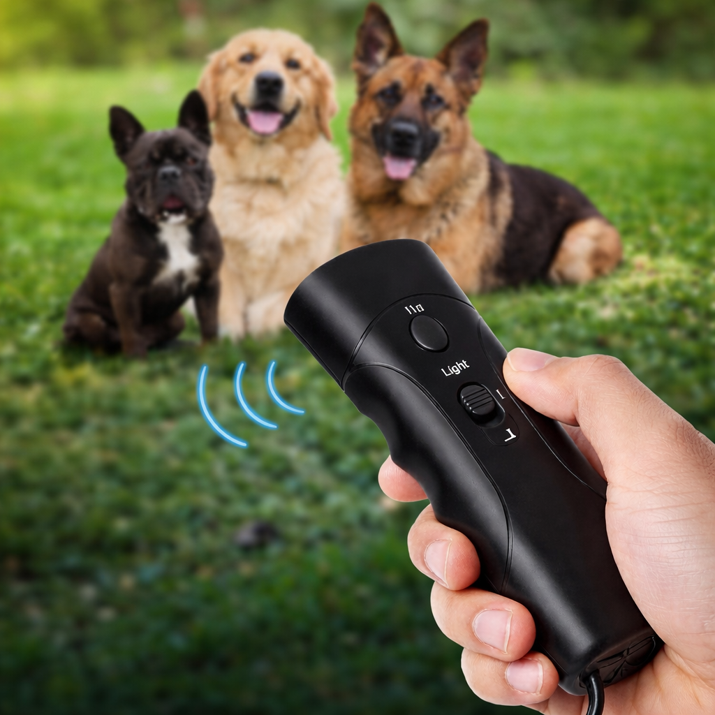 Hand holding a black electronic device with three dogs in the background on grass
