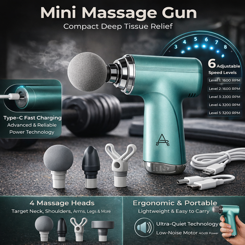 Turquoise mini massage gun with attachments on a dark surface