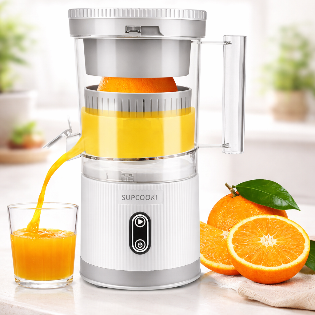 Supcooki juicer with oranges and a glass of orange juice on a kitchen counter.