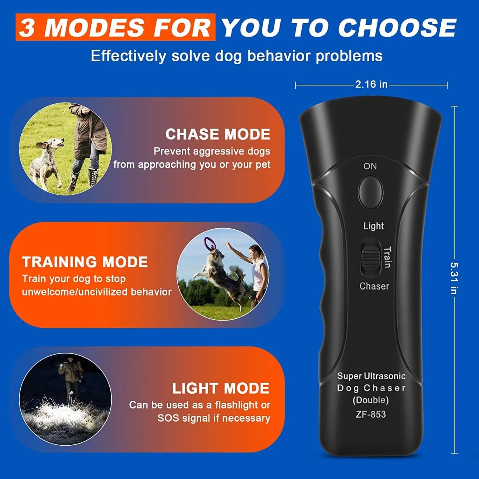 Super Ultrasonic Dog Chaser with three modes on a blue background