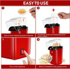Instructions for using a red popcorn maker with text 'EASY TO USE'.