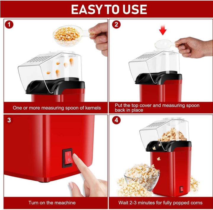 Instructions for using a red popcorn maker with text 'EASY TO USE'.