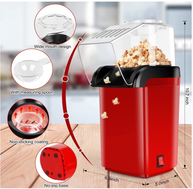 Red popcorn maker with features highlighted on a blurred background