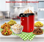 Red popcorn maker with various types of snacks on a kitchen counter