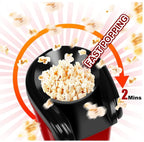 Popcorn maker with popped popcorn and text indicating fast popping time