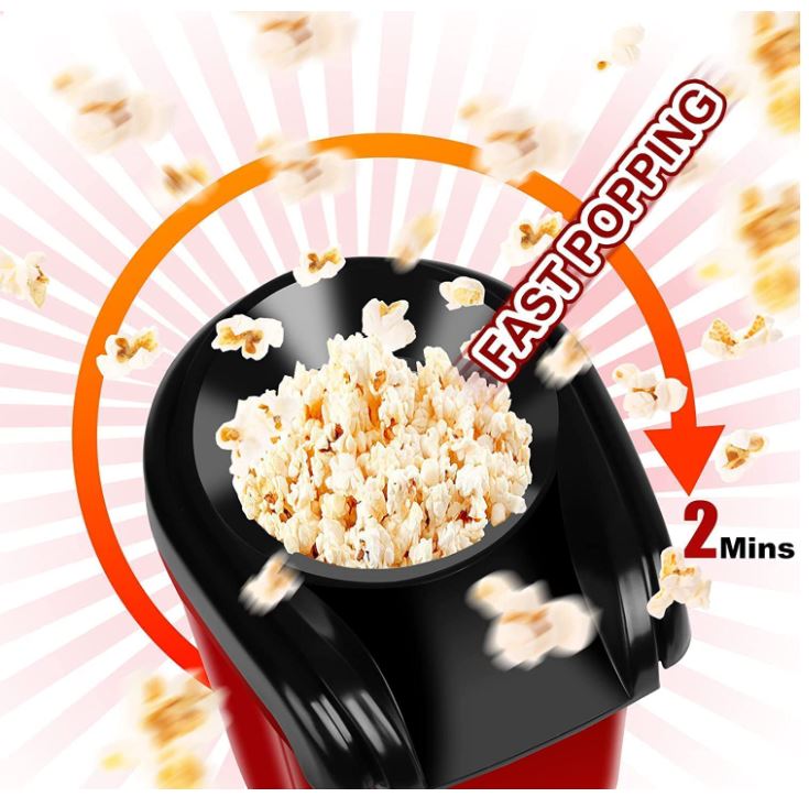 Popcorn maker with popped popcorn and text indicating fast popping time
