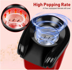 Black and red popcorn maker with blue spiral design on a pink background