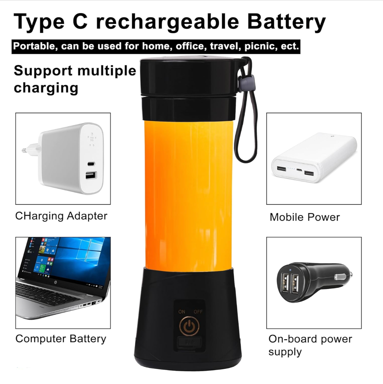 Amazon product page for a Type C rechargeable battery with images of its uses.