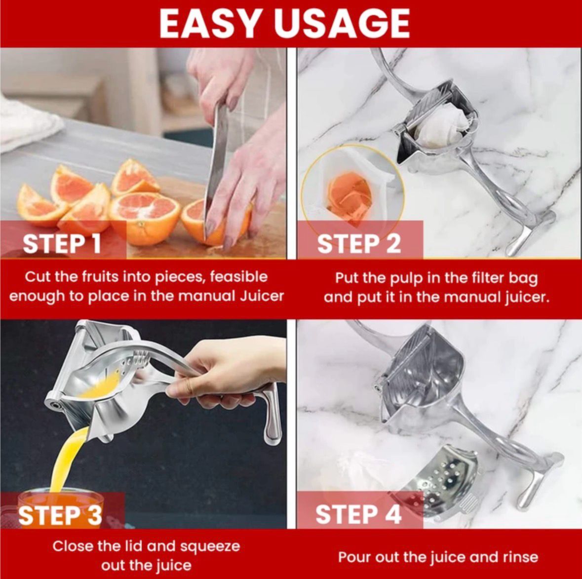 Step-by-step guide on using a manual juicer with images and text.
