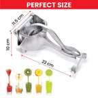 Stainless steel manual juicer with dimensions and juice examples on a white background