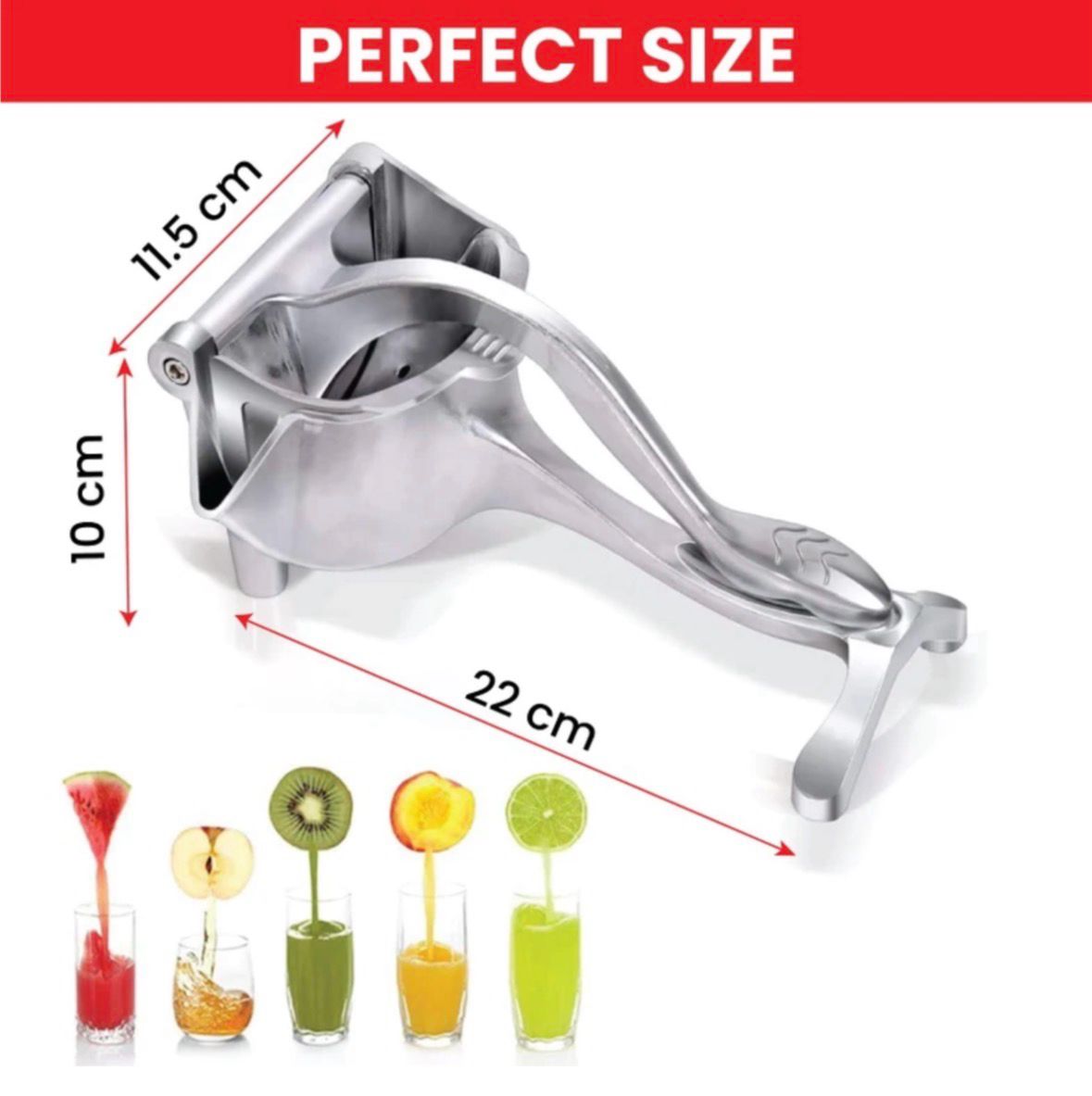 Stainless steel manual juicer with dimensions and juice examples on a white background