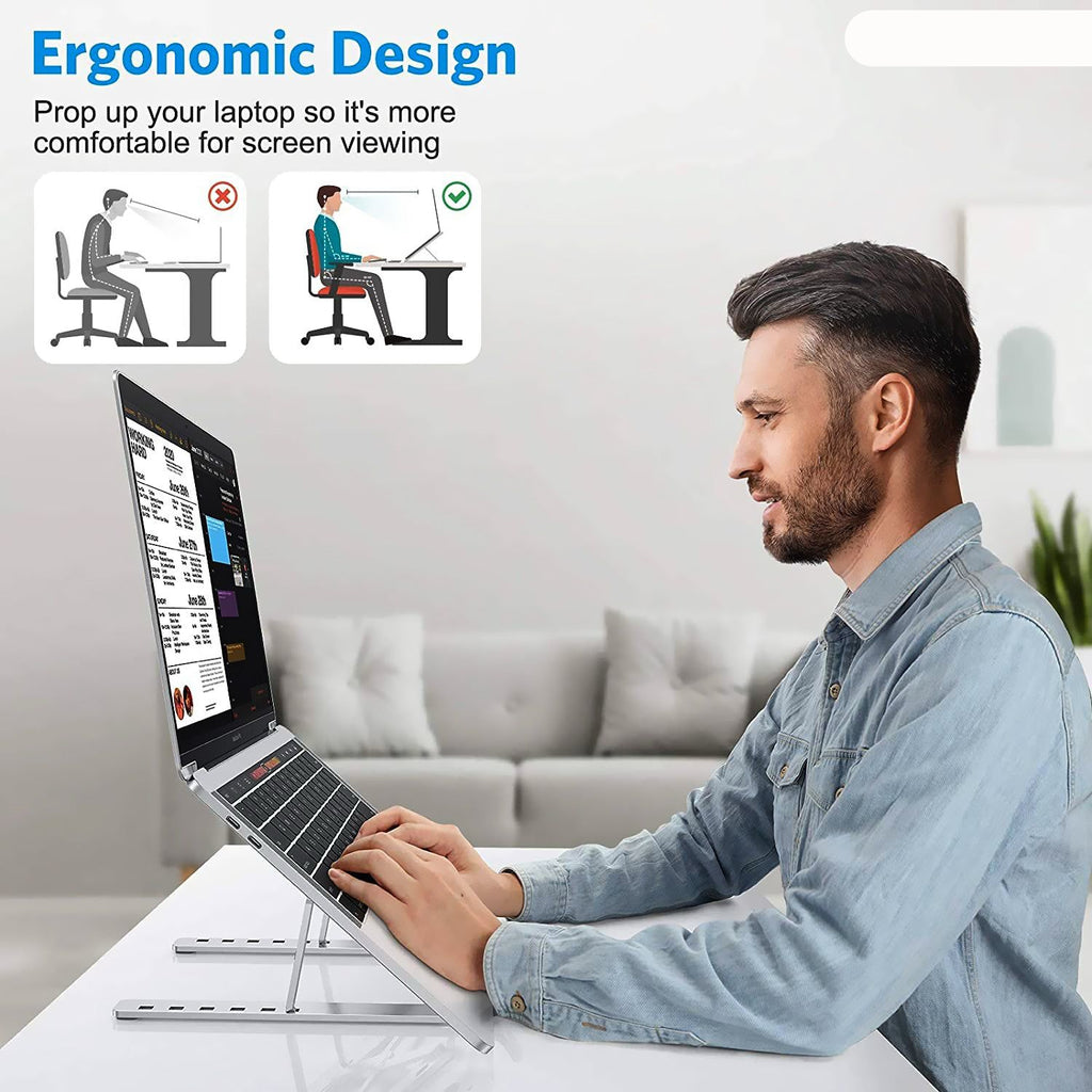Person using a laptop with an ergonomic stand, sitting on a chair, with 'BESTOR' branding.