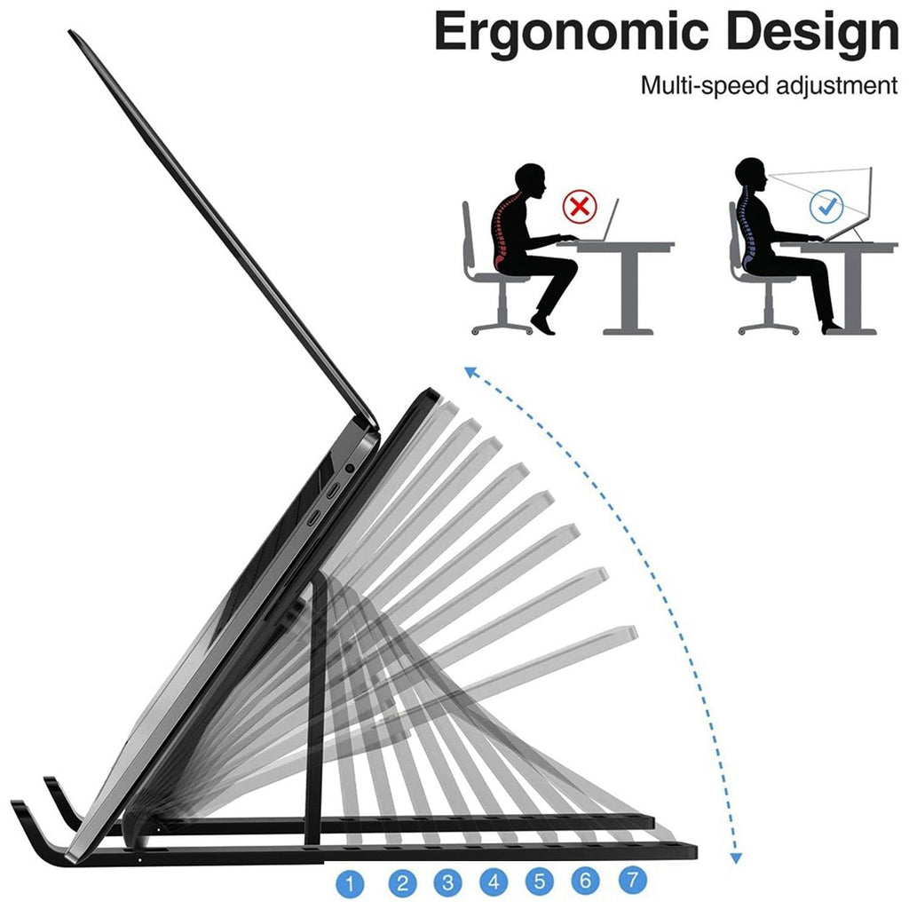 Laptop stand with ergonomic design illustration showing multi-speed adjustment.