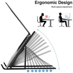 Laptop stand with ergonomic design illustration showing multi-speed adjustment.