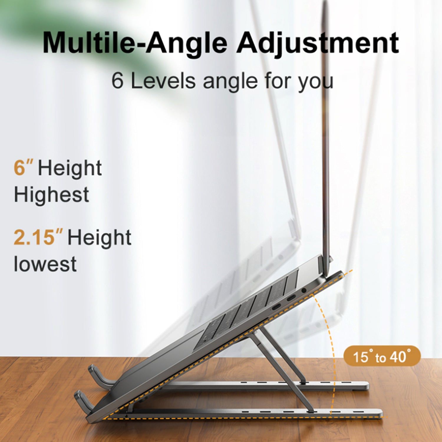 Laptop stand with adjustable angles on a wooden surface, showing text about multilevel adjustment.