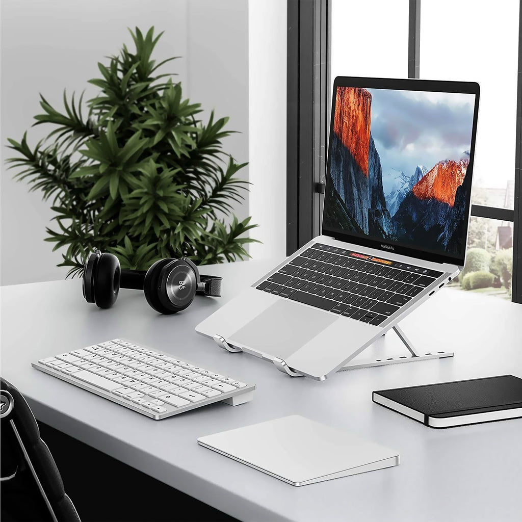 Laptop on a stand with keyboard, mouse, and plant on a desk
