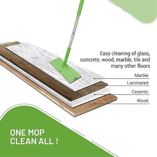 Green mop cleaning different types of flooring with text indicating its versatility.