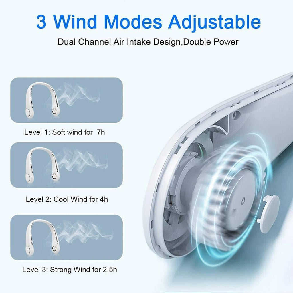 Product with adjustable wind modes and dual channel air intake design on a white background