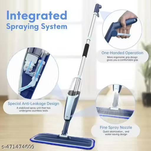 Mop with integrated spraying system and features highlighted on a white background
