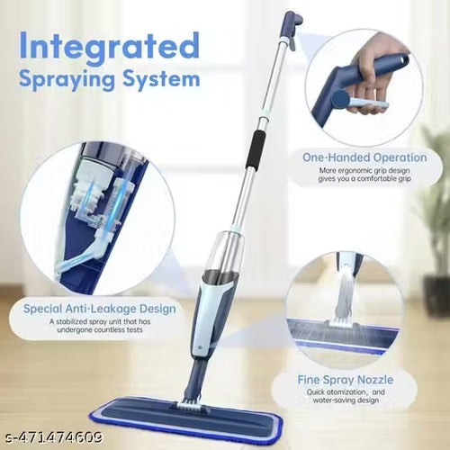 Mop with integrated spraying system and features highlighted on a white background