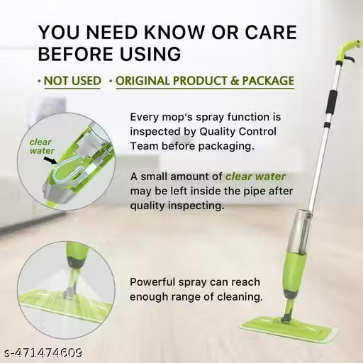 Green mop with text about product care and inspection on a light background