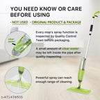 Green mop with text about product care and inspection on a light background