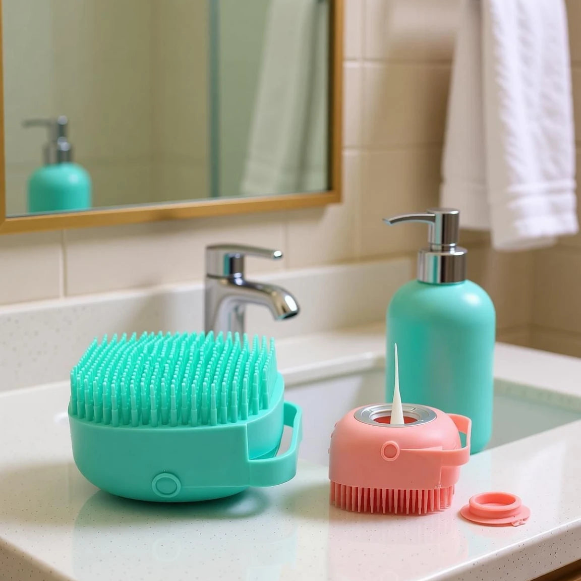 Bathroom counter with teal cleaning brush, pink scrubber, and soap dispenser.