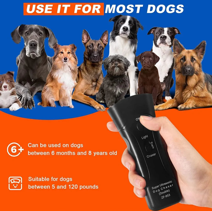 Hand holding a black device with text about using it for most dogs on a blue and orange background with images of various dogs.