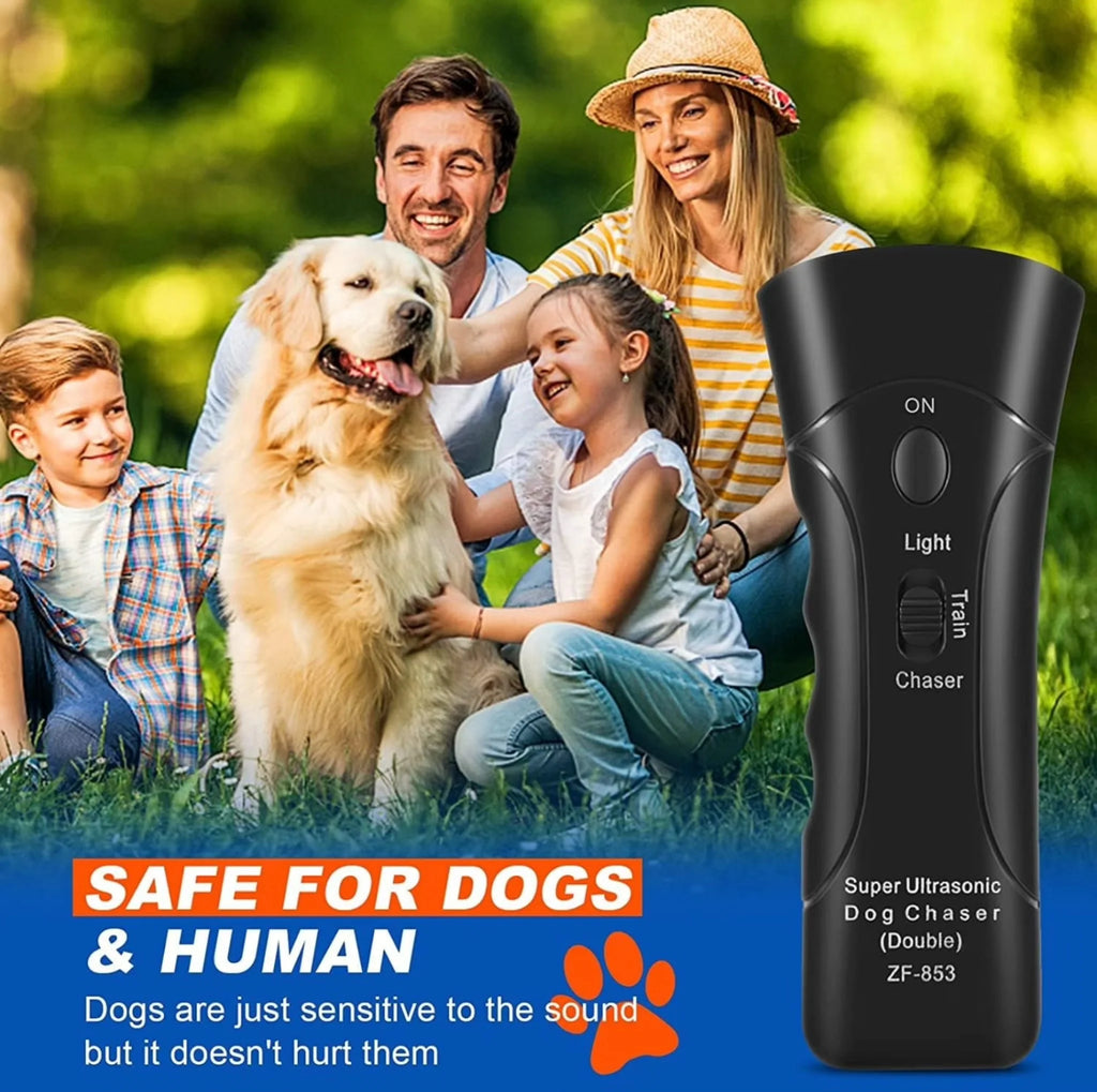 Family with a dog in a park, featuring a product for dog chaser with text about safety.
