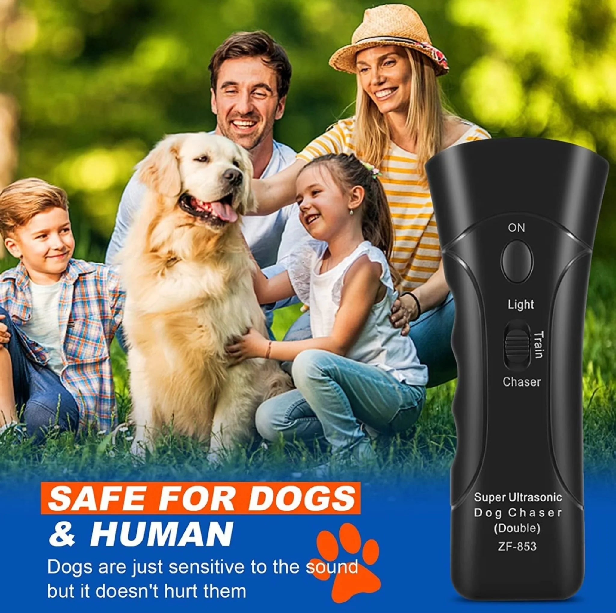 Family with a dog in a park, featuring a product for dog chaser with text about safety.